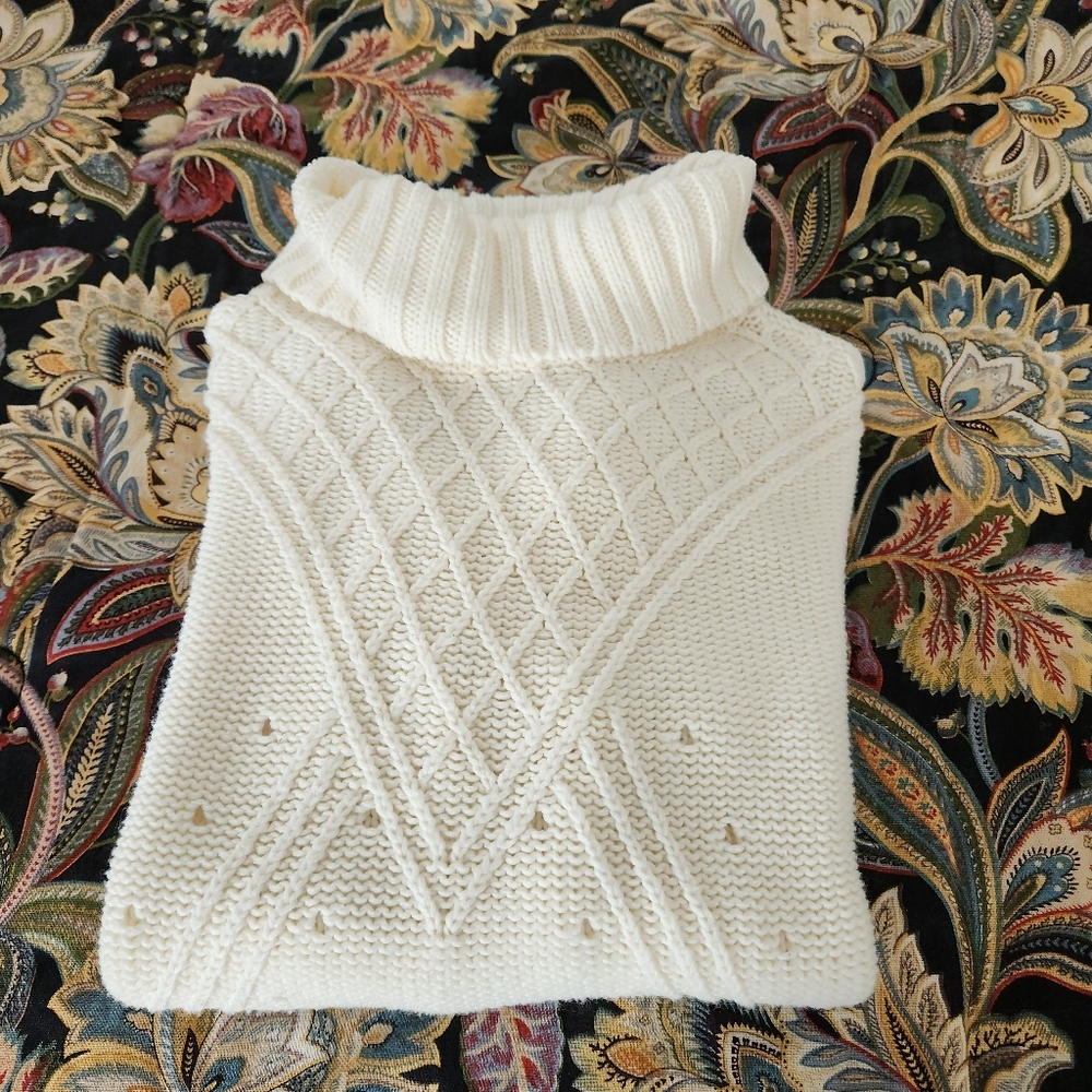 VENUS Cream Cable Knit Turtleneck Sweater Diamond Chevron Pointelle Ivory S